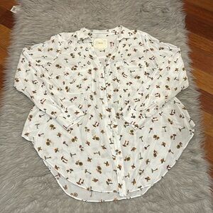 Maeve White Button-Down Shirt with Multicolor Mushroom Print